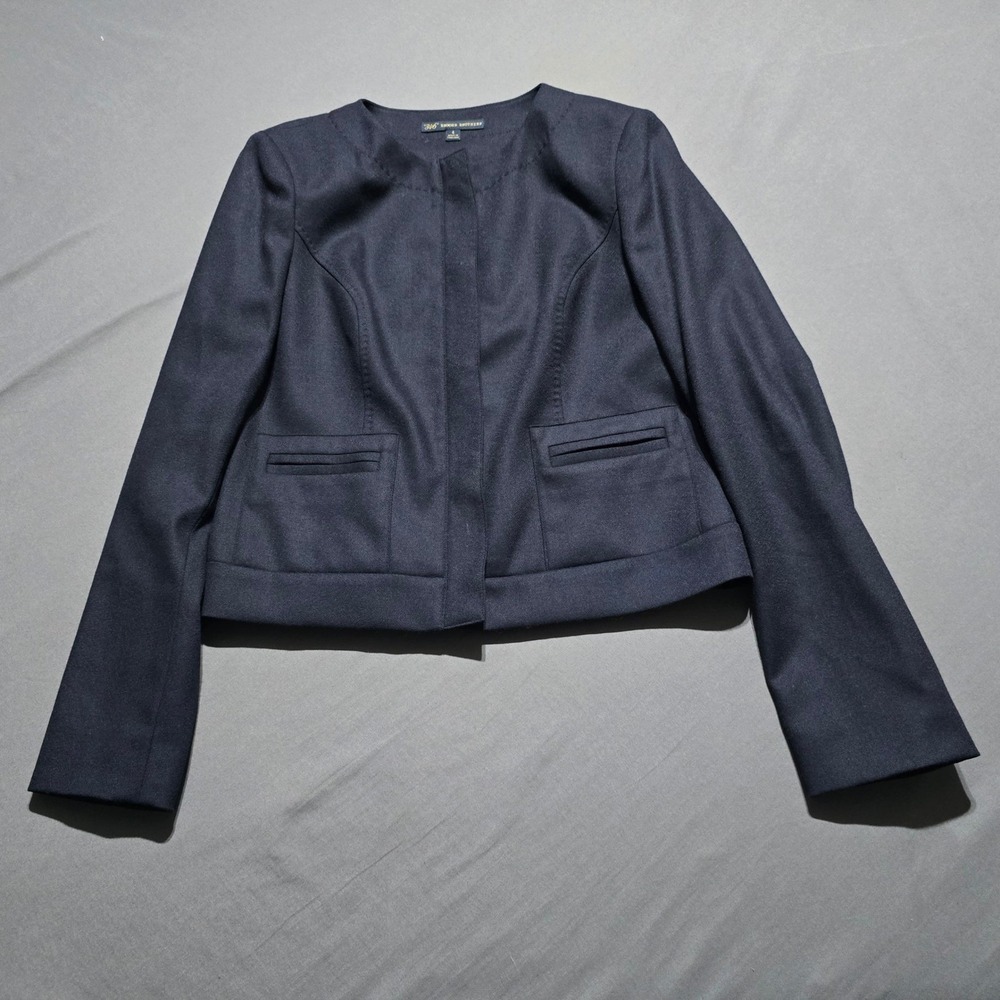 Brooks Brothers Blazer Women 4 Navy Blue Cropped Collarless Zip Front Wool Blend
